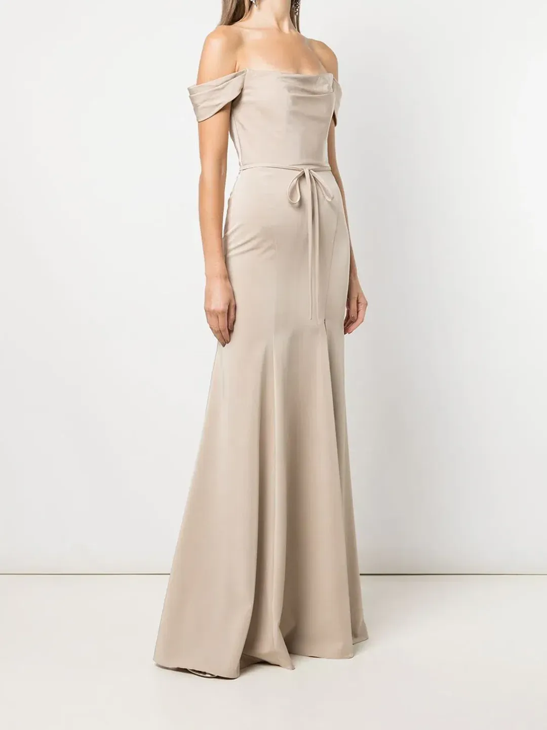 Marchesa Notte Rimini Off Shoulder Dress in Champagne Colour Size US 10 / AU 14 for rent on The Volte - main image