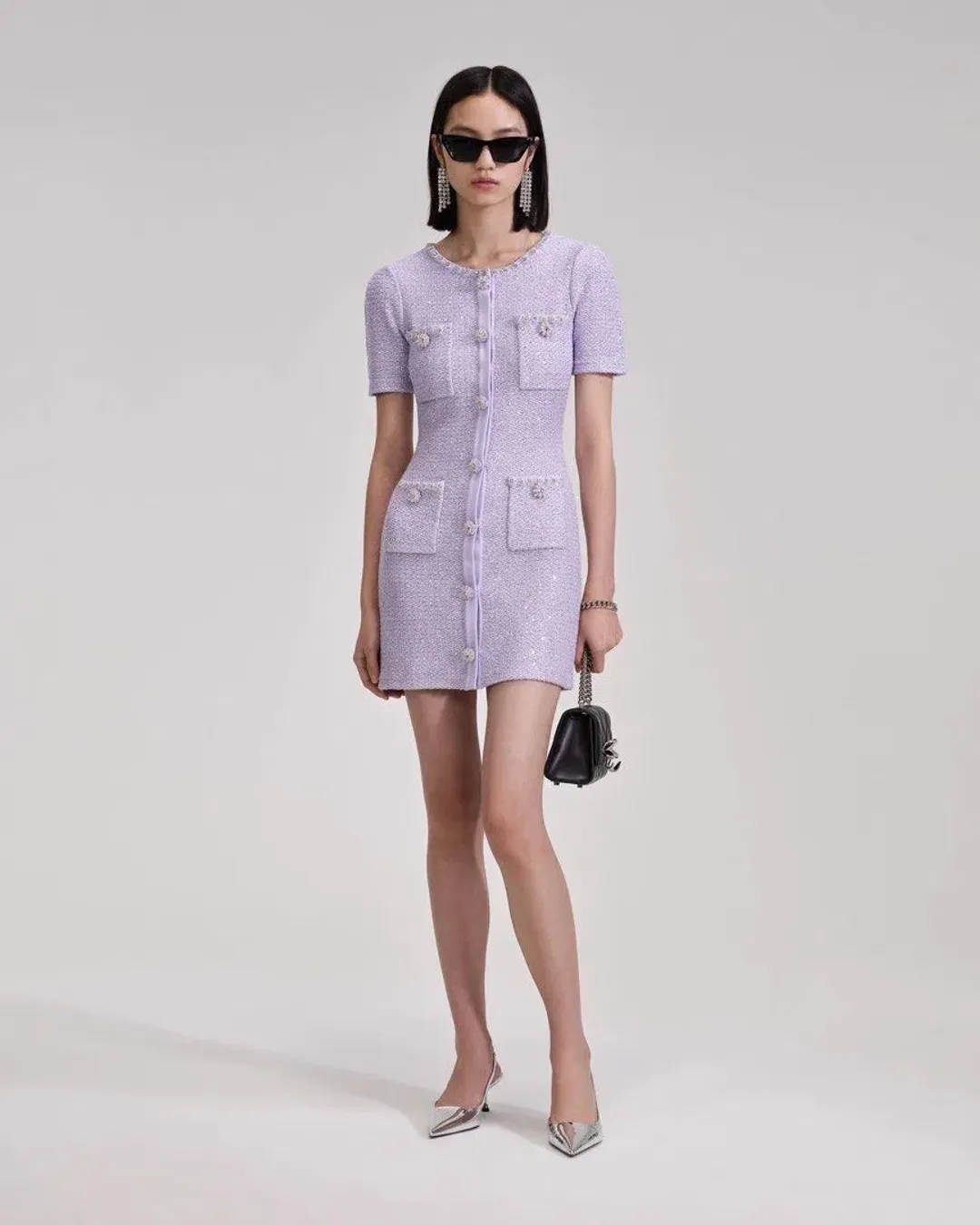 Self Portrait Sequined Knit Mini Dress With Crystals Lilac Size 8 for rent on The Volte - main image