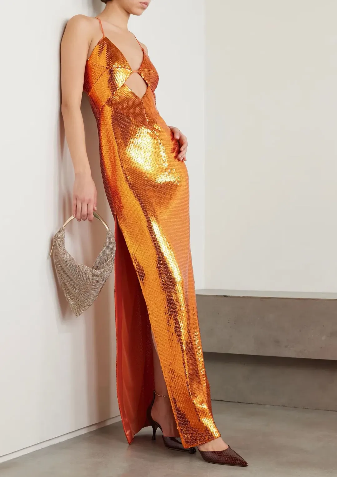 Galvan Kite Cutout Sequined Satin Maxi Dress Orange Size 8 for rent on The Volte - main image