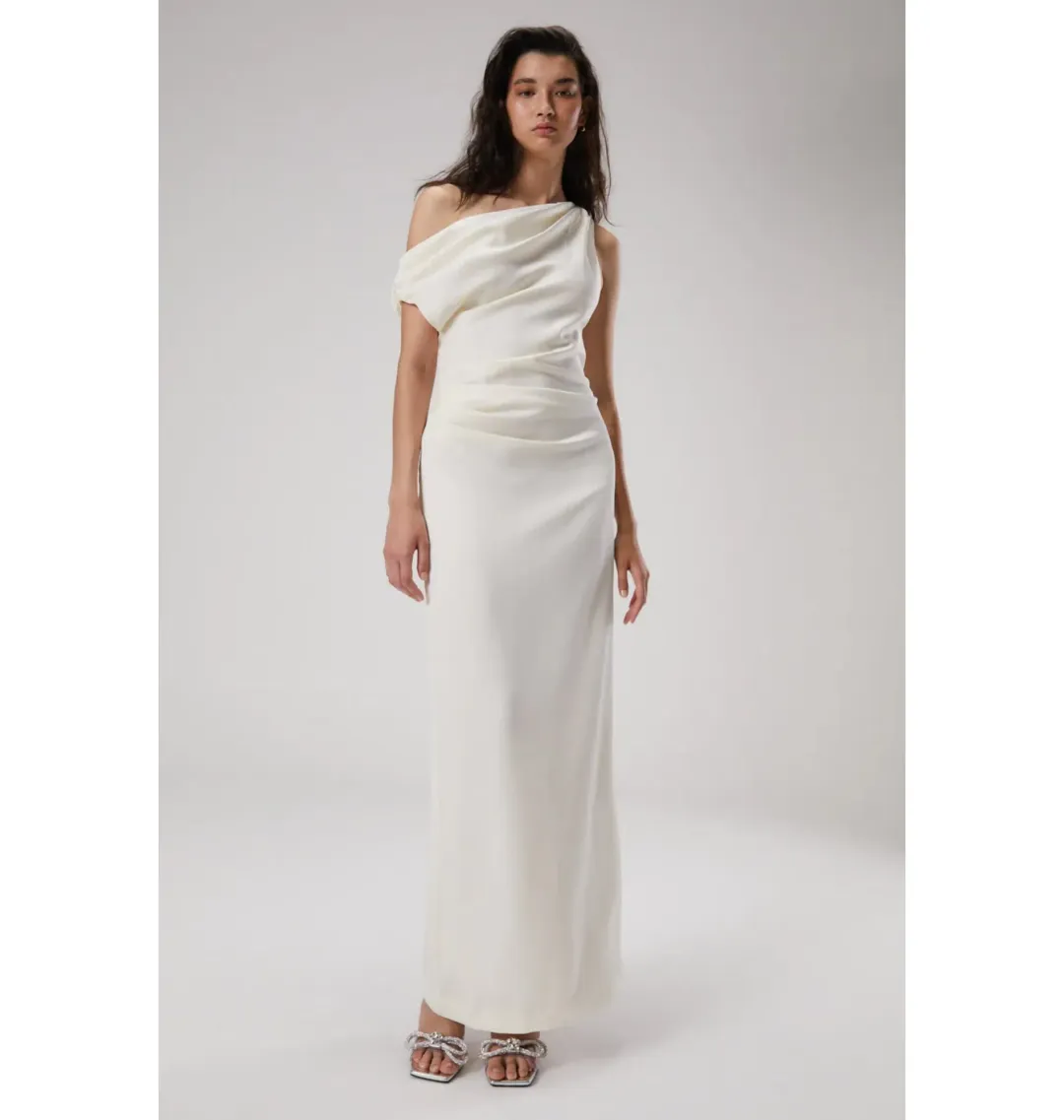 Misha Aster Drape Shoulder Satin Maxi Dress Antique White 8/S for rent on The Volte - main image