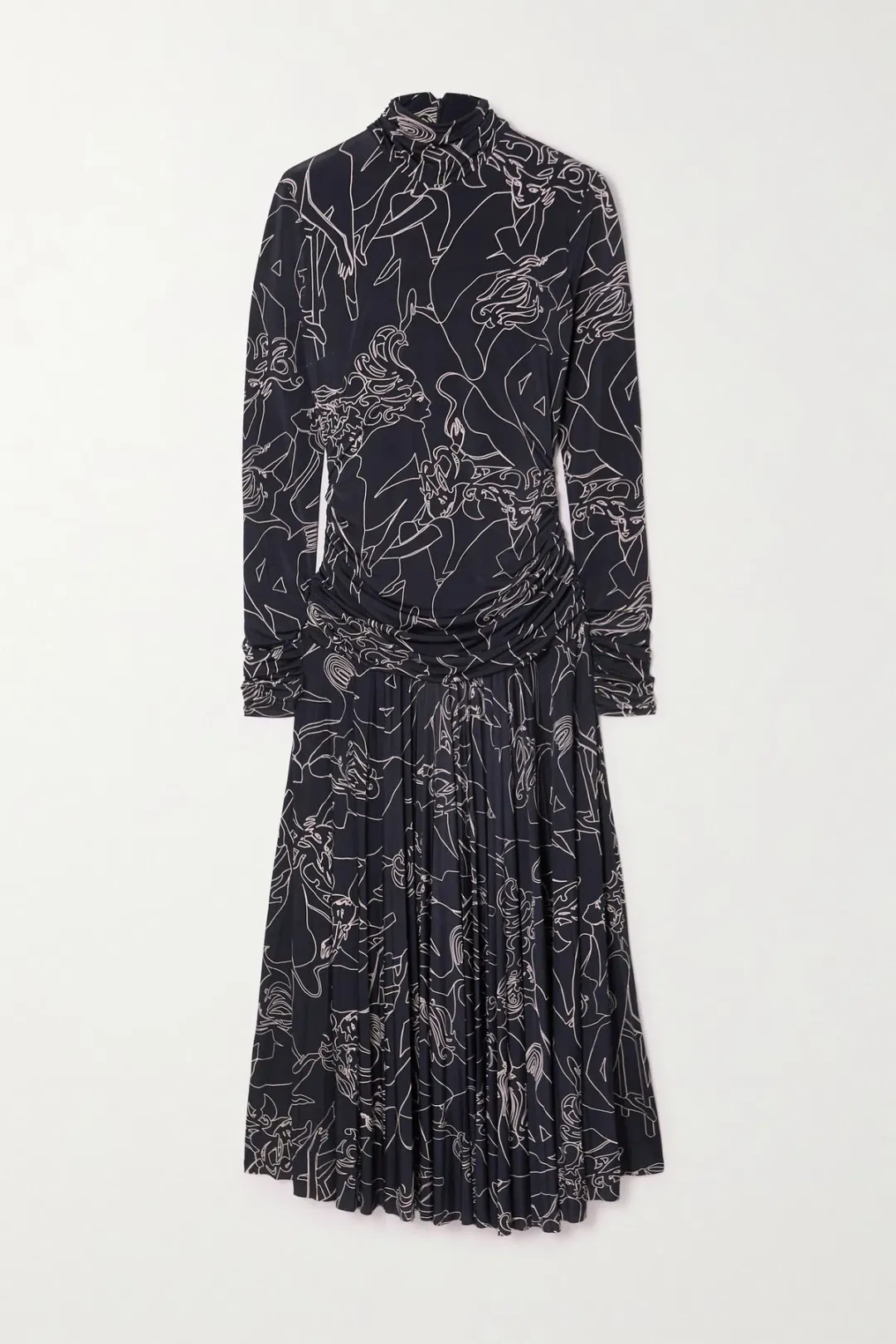 Victoria Beckham Pleated Printed Stretch Crepe Turtleneck Maxi Dress Navy Size 10 for rent on The Volte - main image
