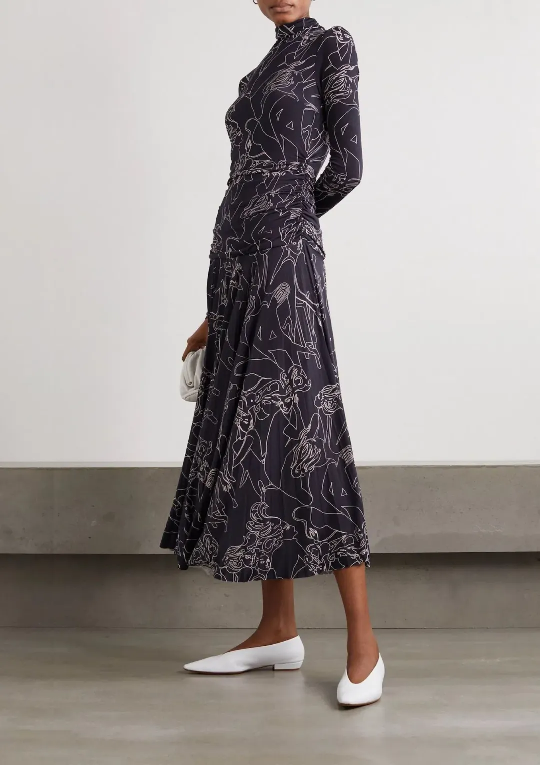 Victoria Beckham Pleated Printed Stretch Crepe Turtleneck Maxi Dress Navy Size 10 for rent on The Volte - main image