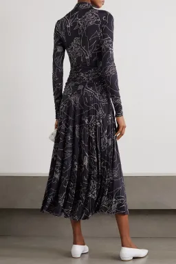 Victoria Beckham Pleated Printed Stretch Crepe Turtleneck Maxi Dress Navy Size 10 for rent on The Volte - image 2