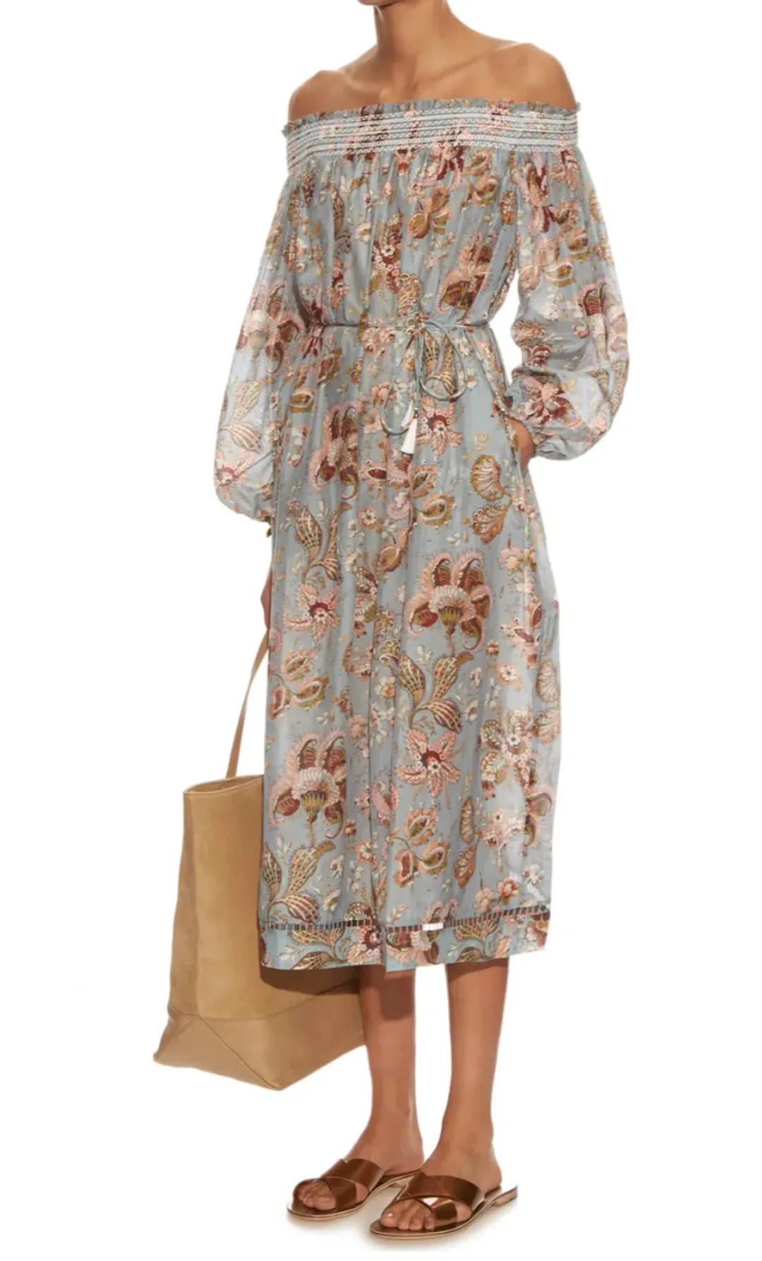 Zimmermann Pavilion Off Shoulder Silk Cotton Smock Midi Dress Floral Size 1 / AU 10 for rent on The Volte - main image