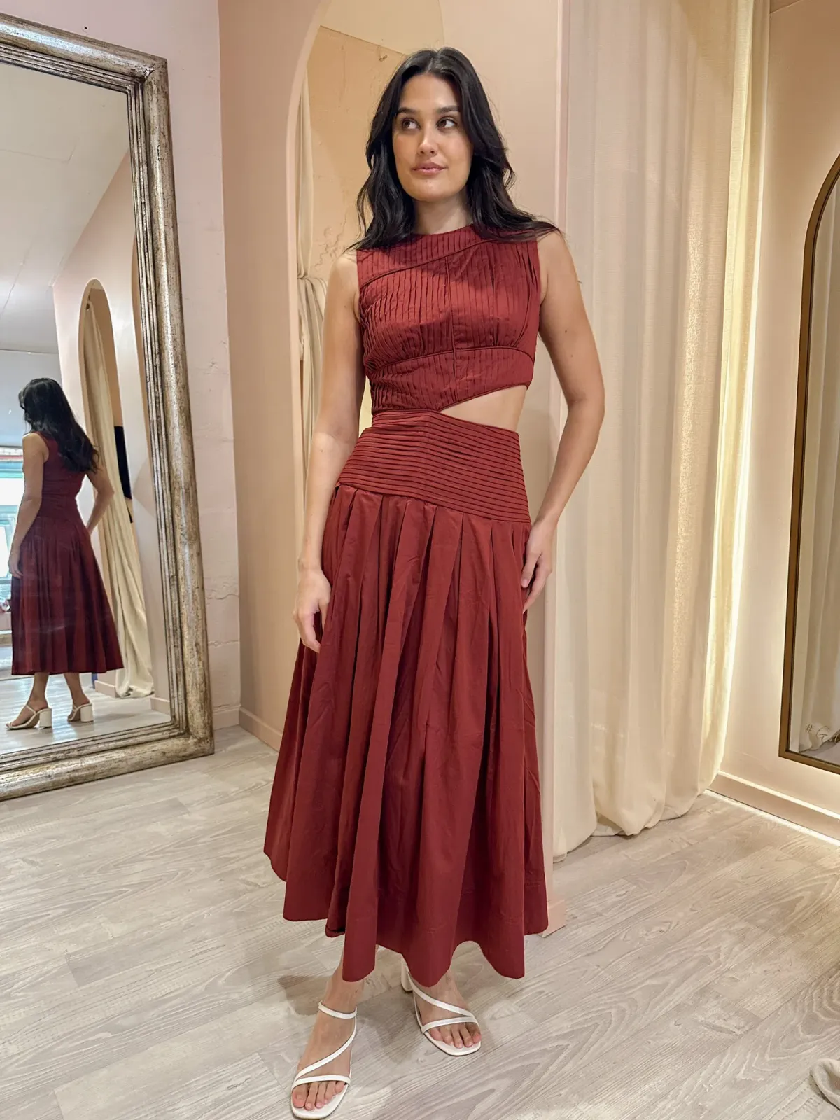 Aje Cascade Cutout Midi Dress in Burgundy Size 6 for rent on The Volte - main image