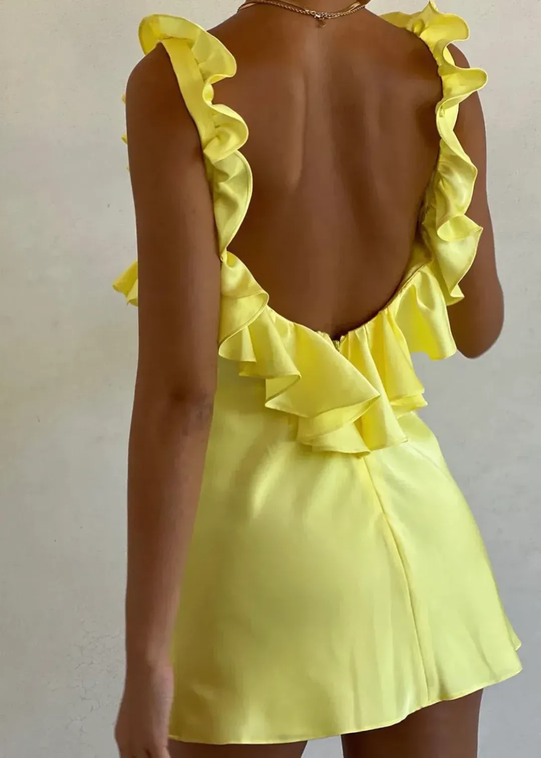 House of CB Tink  Satin Ruffle Mini Dress Buttercup Size 8 for rent on The Volte - main image