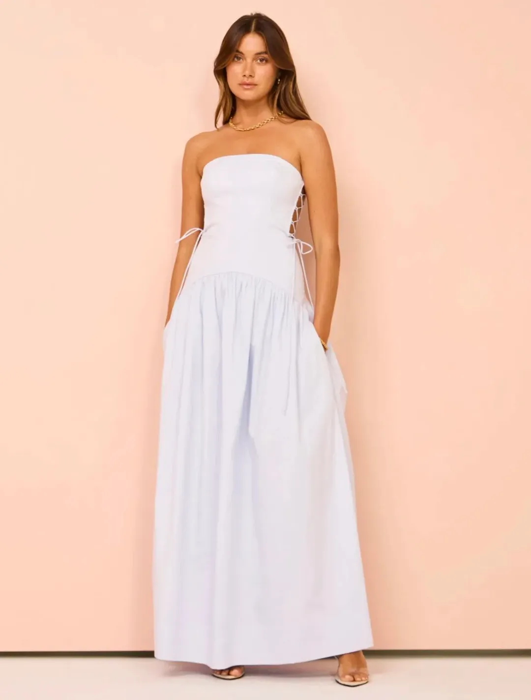Shona Joy Amada Lace Up Strapless Maxi Dress Ice Blue Size 10 for rent on The Volte - main image
