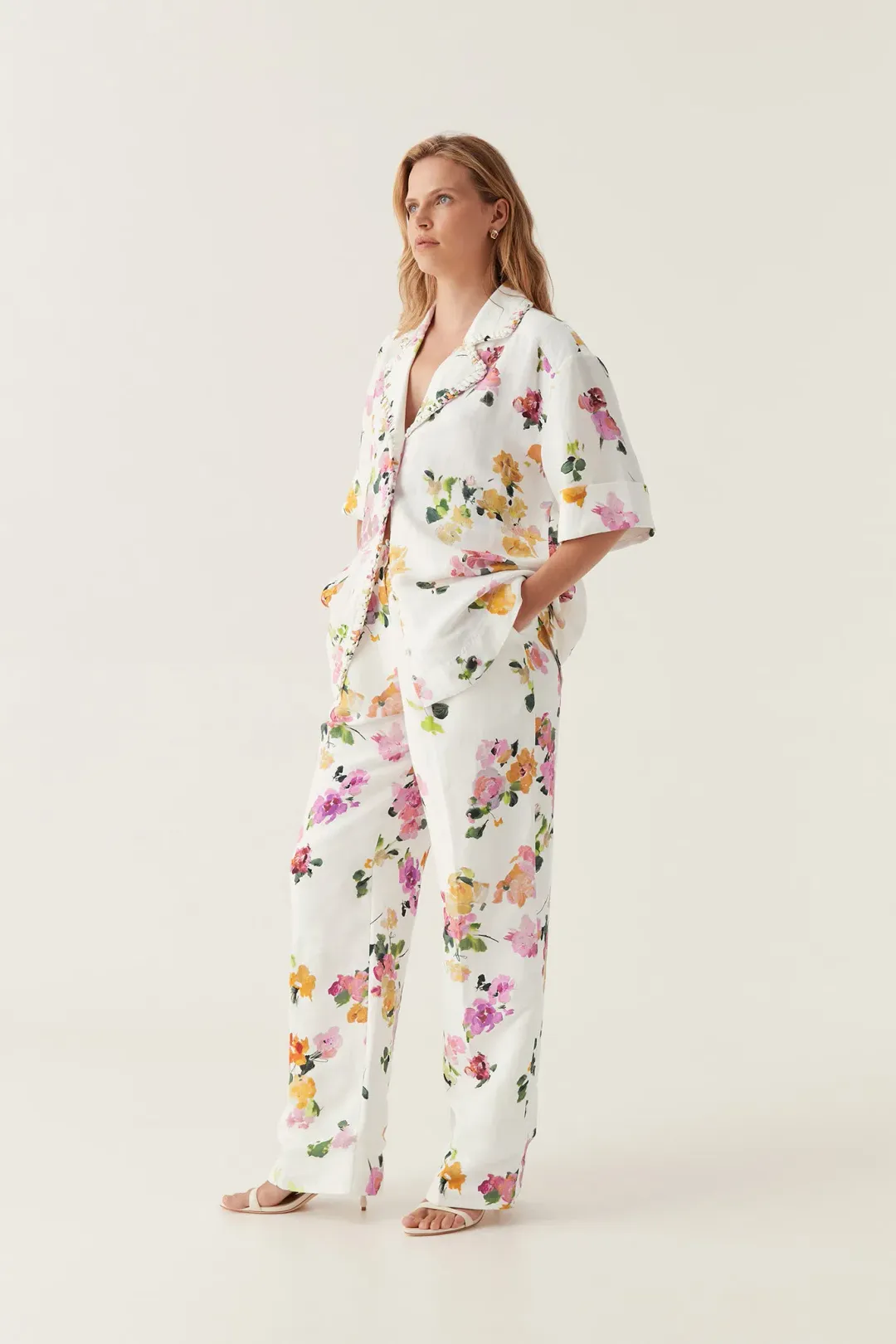 Aje Constance Whipstitch Shirt And Portray Pants Set White Floral Size 14 for rent on The Volte - main image