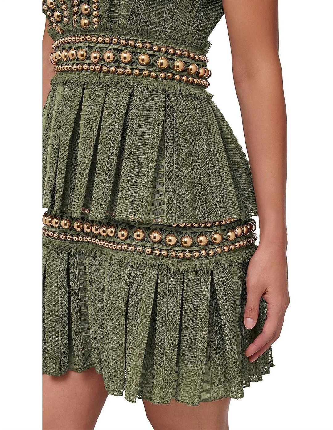 Khaki Lace Pleat Mini Dress Size 8 for rent on The Volte - main image