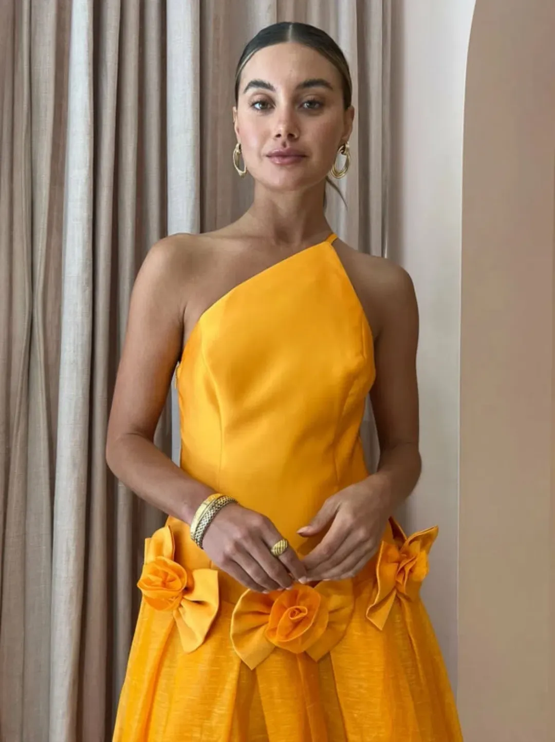 Alemais Macie One Shoulder Rosette Dress in Saffron Size 8  for rent on The Volte - main image