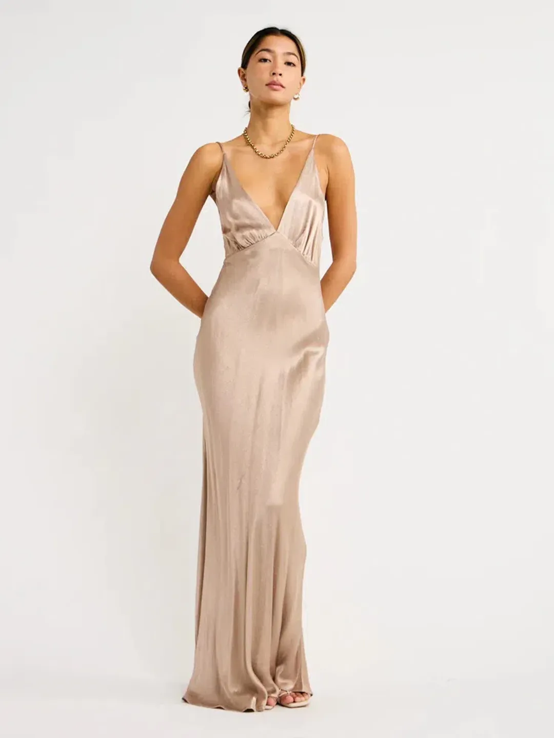 Bec & Bridge Lorelai V Maxi Dress in Smoke Taupe Size AU 8 for rent on The Volte - main image