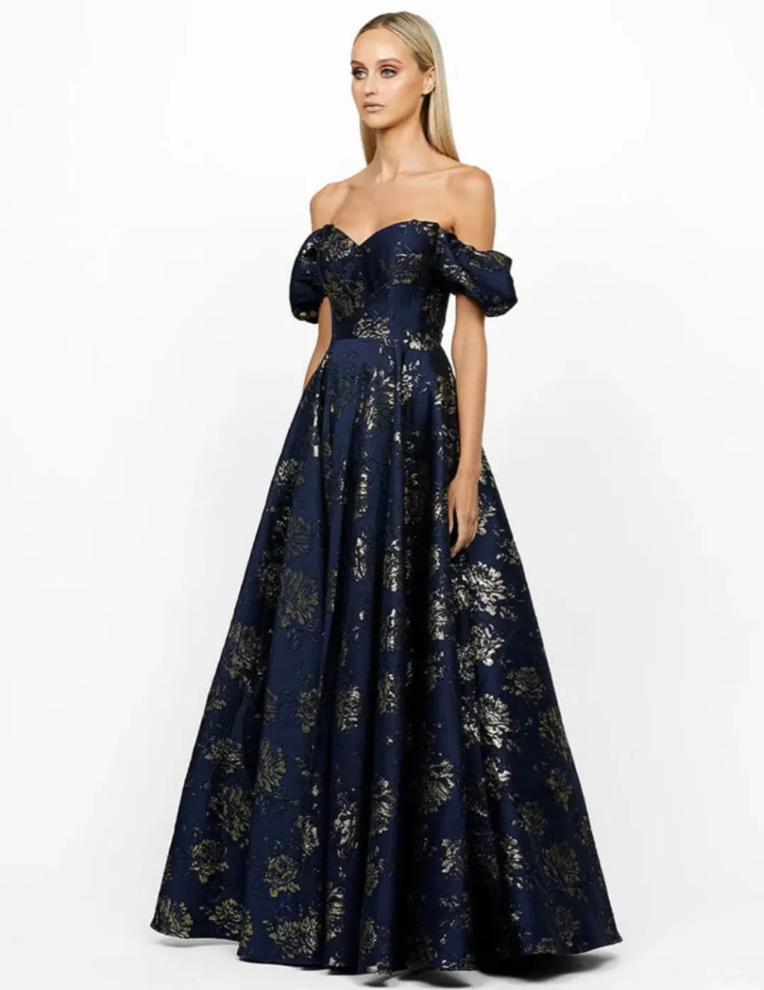 Bariano Sandy Sweetheart Off Shoulder Gown Navy/Gold Size 16 for rent on The Volte - main image