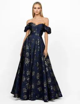 Bariano Sandy Sweetheart Off Shoulder Gown Navy/Gold Size 16 for rent on The Volte - image 2