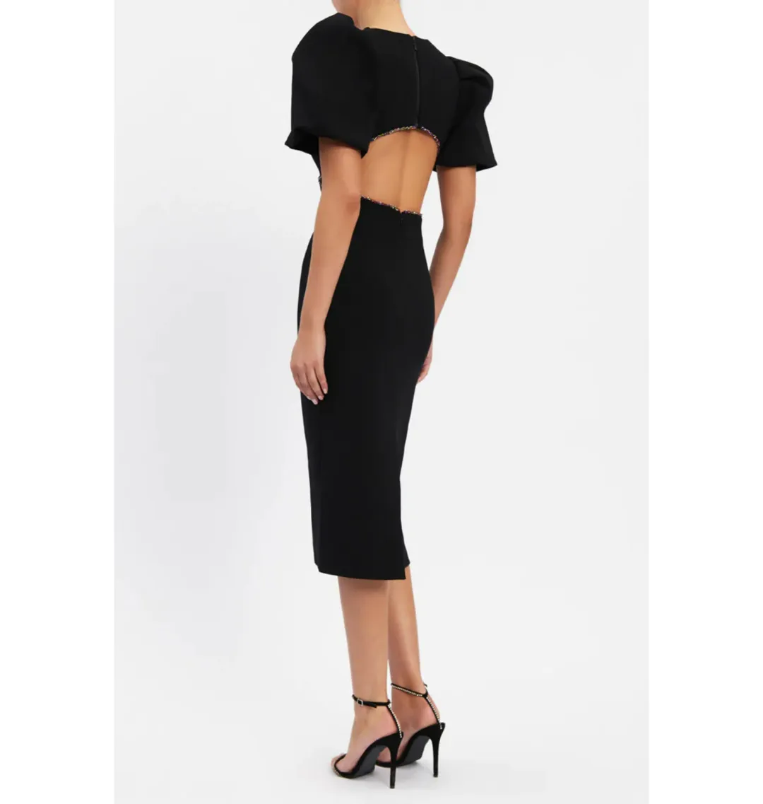 Rebecca Vallance Victoria Puff Sleeve Midi Dress in Black Size S / AU 12 for rent on The Volte - main image