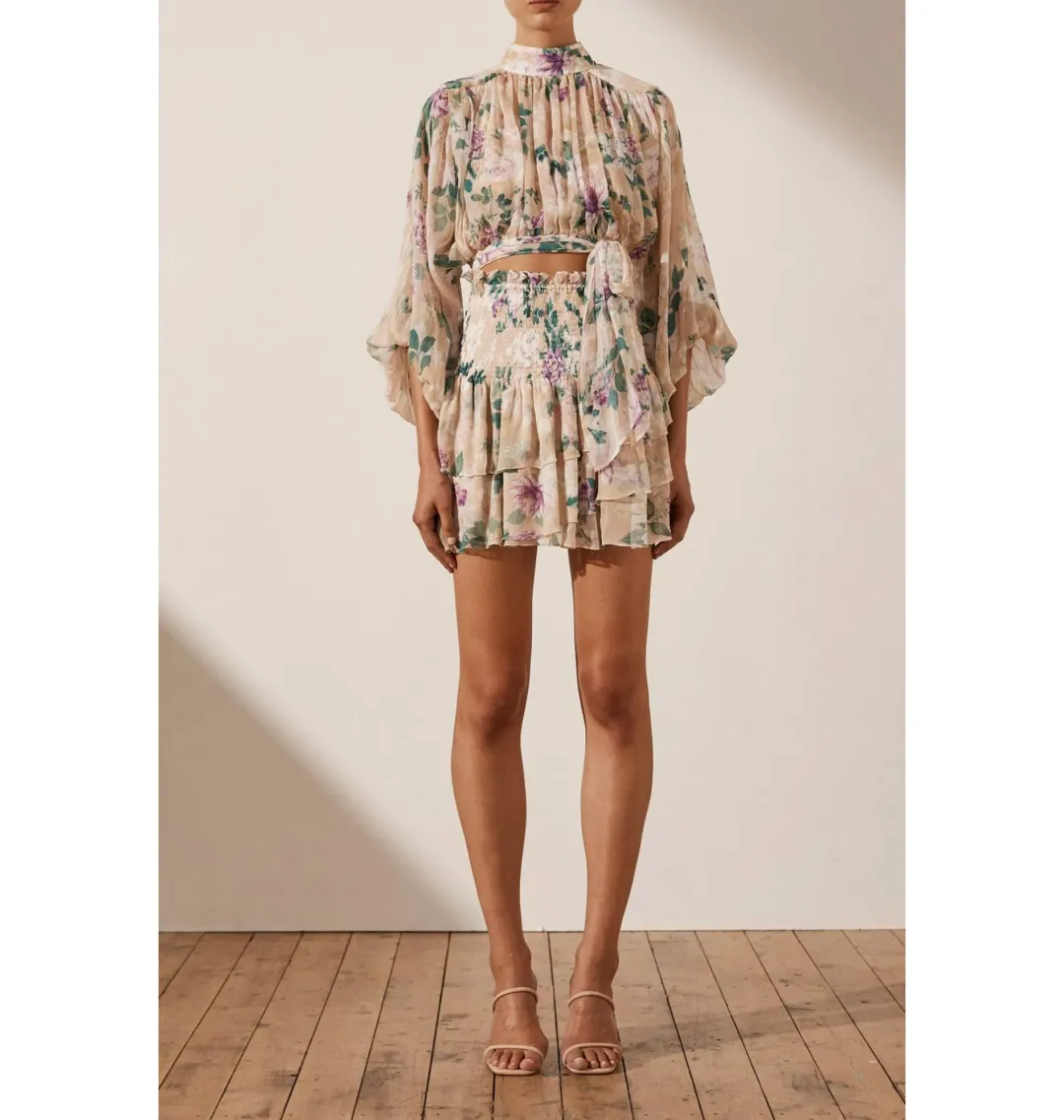 Shona Joy Dontella Cropped Long Sleeve Blouse And Donatella Shirred Ra Ra Skirt Set Floral Size AU 6 for rent on The Volte - main image