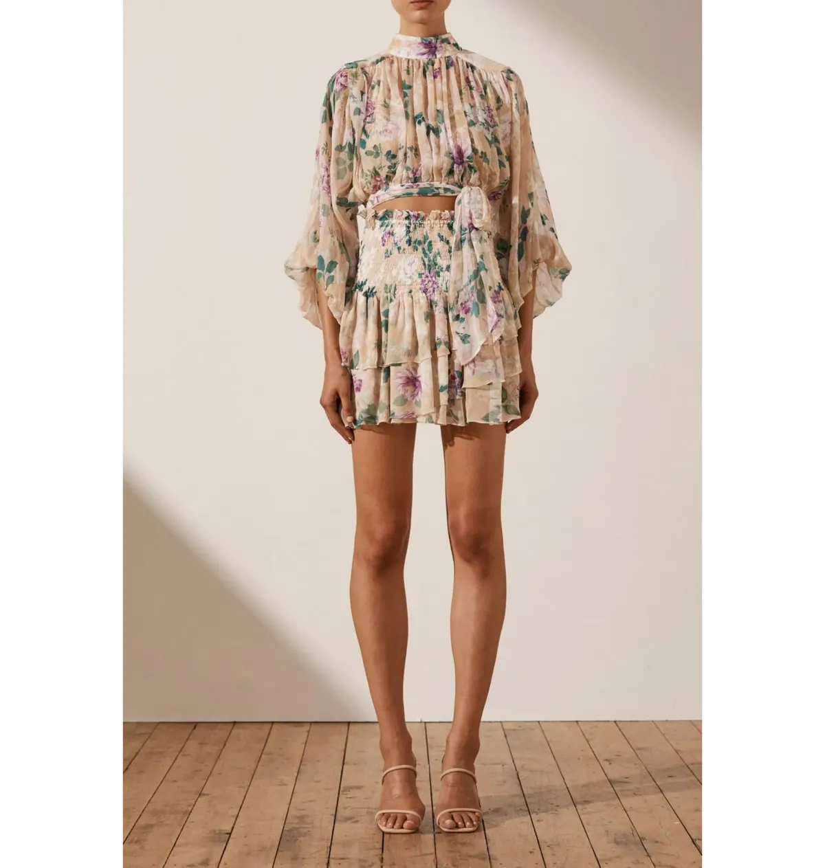 Shona Joy Dontella Cropped Long Sleeve Blouse And Donatella Shirred Ra Ra Skirt Set Floral Size AU 6 for rent on The Volte - main image
