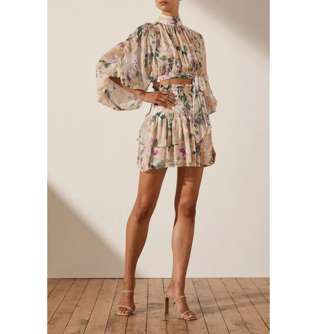 Shona Joy Dontella Cropped Long Sleeve Blouse And Donatella Shirred Ra Ra Skirt Set Floral Size AU 6 for rent on The Volte - main image