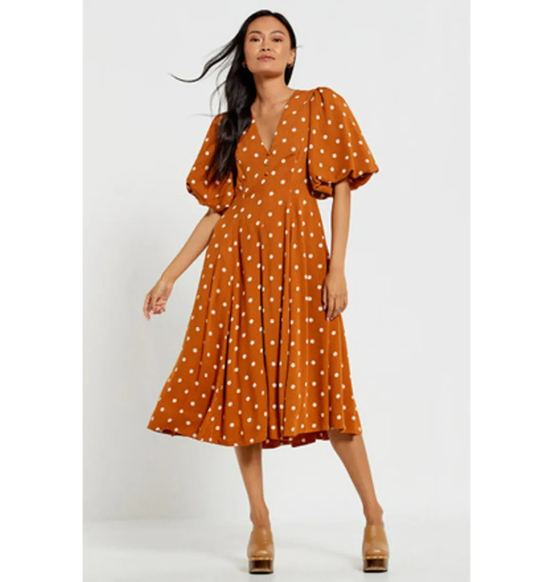 Bohemian Traders Panel Fit And Flared Midi Dress In Brown Dot Size AU 20 for rent on The Volte - main image