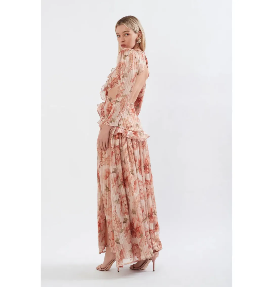 Sonya Moda Ruffle Cutout Maxi In Spiced Peonies Size AU 6 for rent on The Volte - main image
