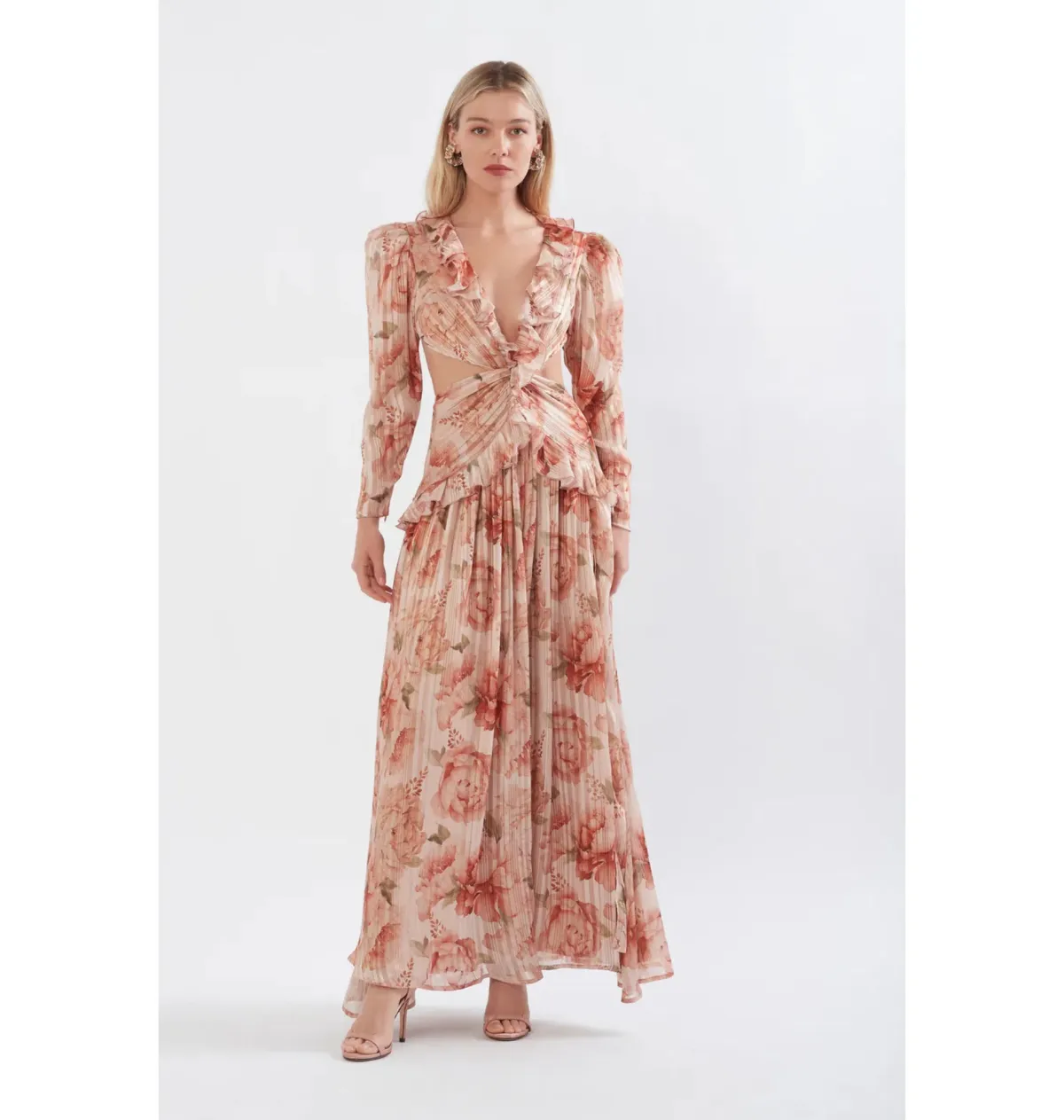 Sonya Moda Ruffle Cutout Maxi In Spiced Peonies Size AU 6 for rent on The Volte - main image