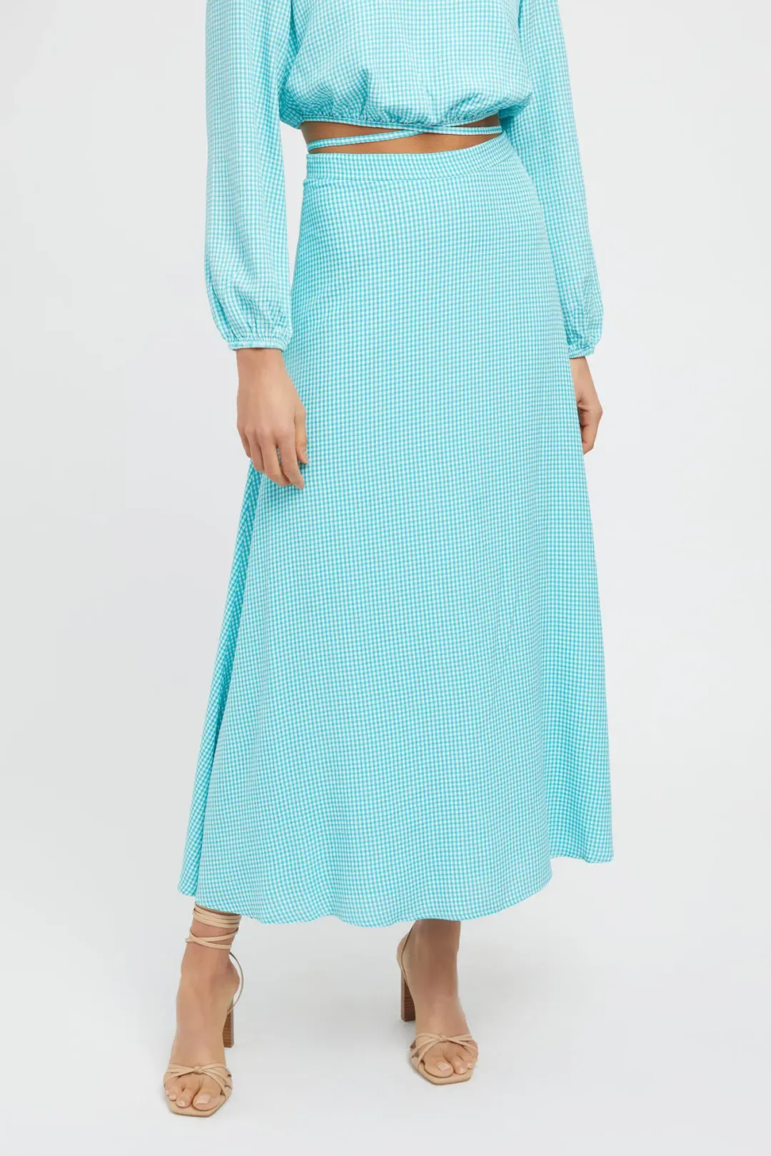 Kookai Brady Long Sleeve Top and Midi Skirt Set Aqua/White Size 36 / AU 8 for rent on The Volte - main image