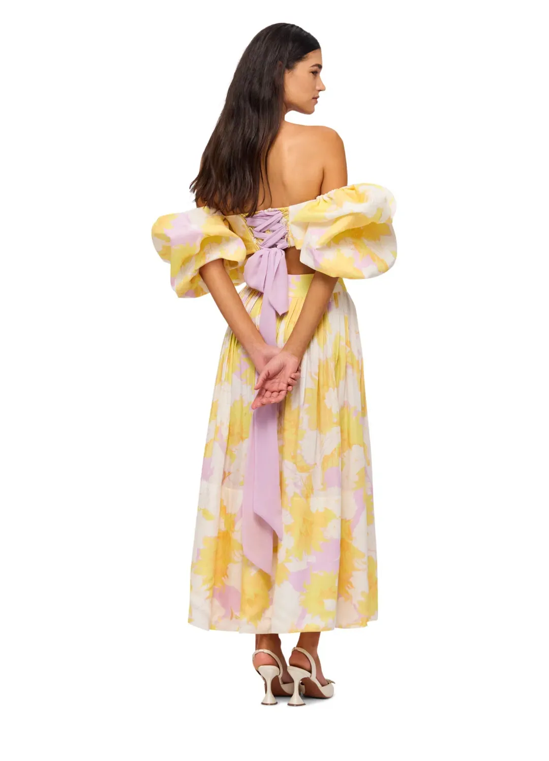 Leo Lin Simone Puff Top and Elina Pleated Midi Skirt Set Jasmine Print in Sun Size 8 for rent on The Volte - main image