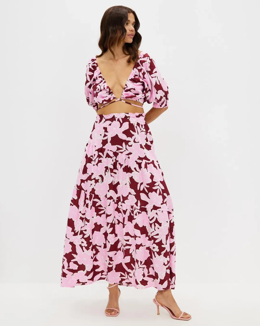 Aere Gathering Detail Linen Top Size 8 & Tiered Linen Maxi Skirt Size 10 Set in Malina Print for rent on The Volte - main image