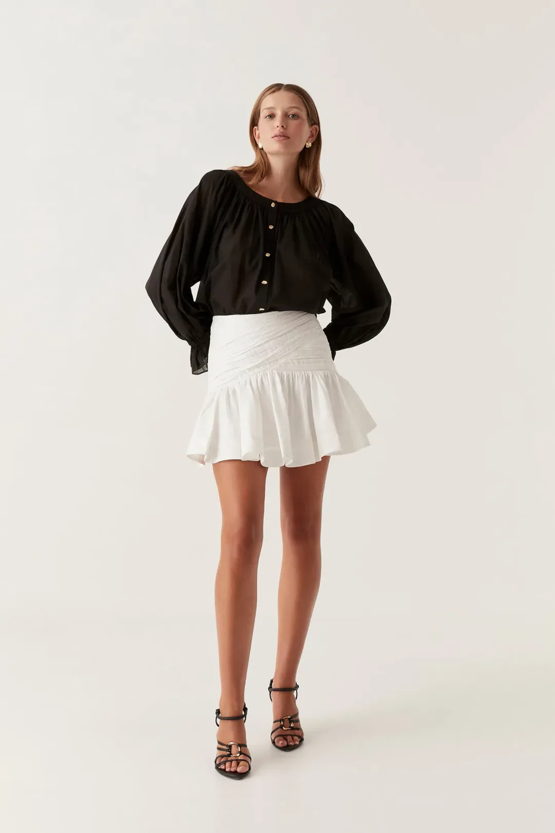 Aje Carrie Ruched Mini Skirt Ivory Size 4 for rent on The Volte - main image