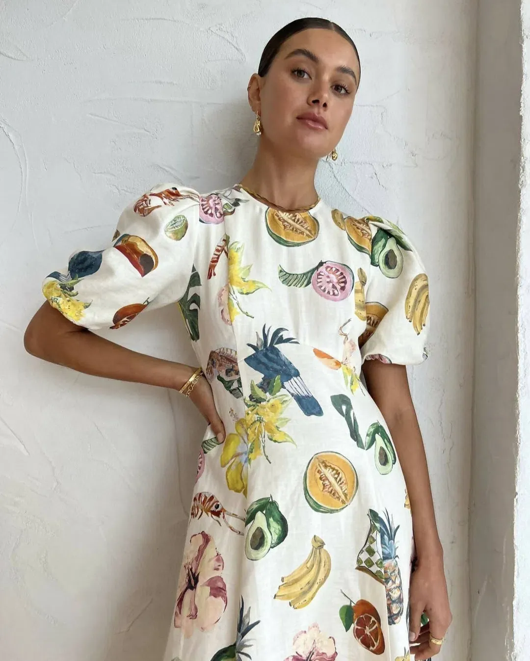 Alemais Theo Linen Blend Midi Dress Ivory Print Size AU 8 for rent on The Volte - main image