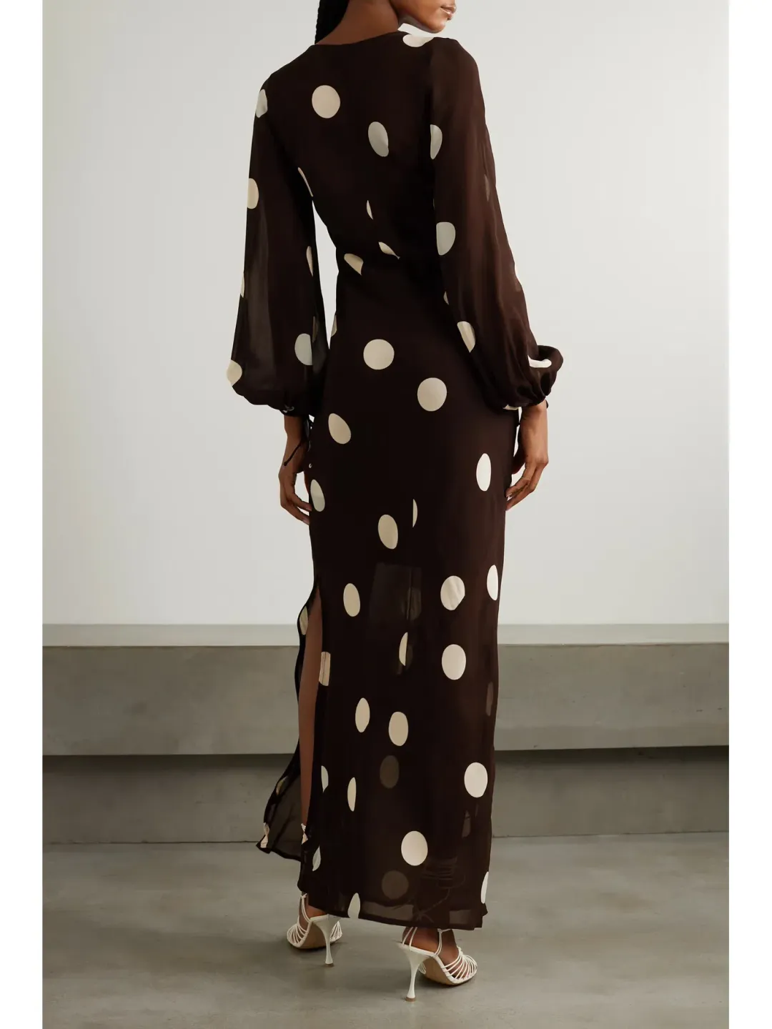 Faithfull the Brand Santos Polka Dot Georgette Maxi Dress Chocolate Size M / AU 10 for rent on The Volte - main image