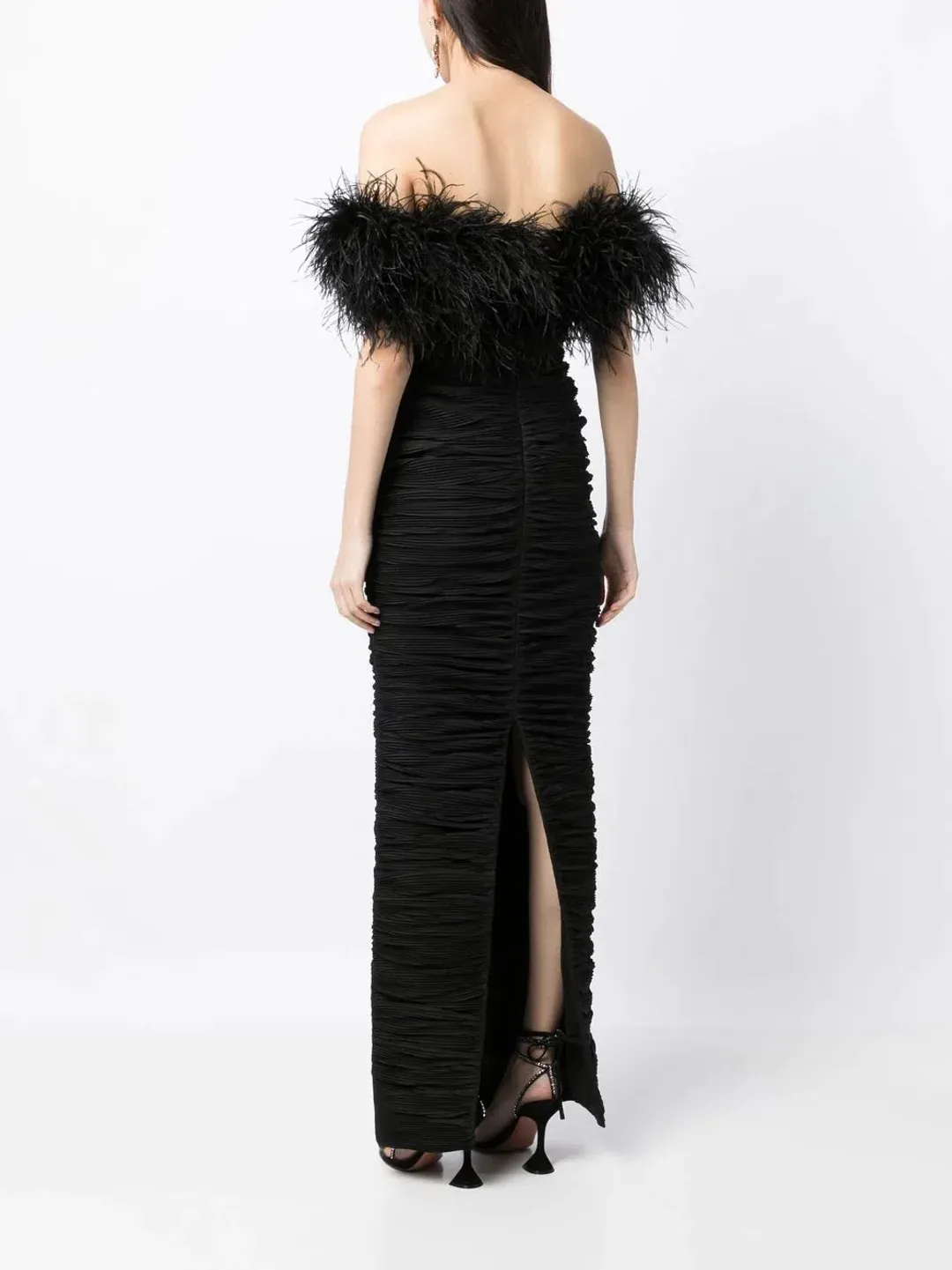Rachel Gilbert Zion Feather Trim Ruched Gown Black Size 10 for rent on The Volte - main image