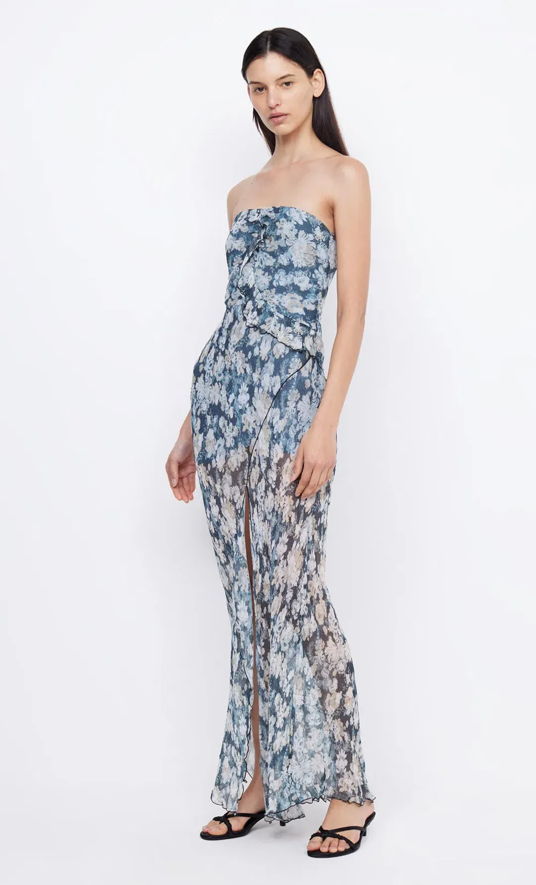 Bec & Bridge Opal Strapless Maxi Dress Denim Floral Size AU 6  for rent on The Volte - main image