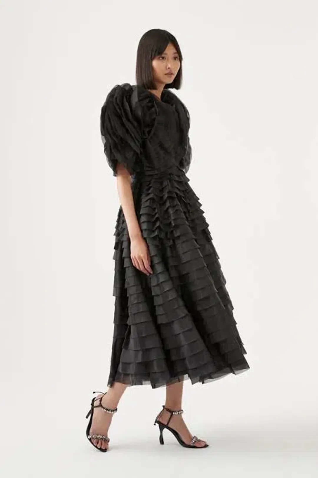 Aje Amour Ruffle Midi Dress Black Size 6 for rent on The Volte - main image