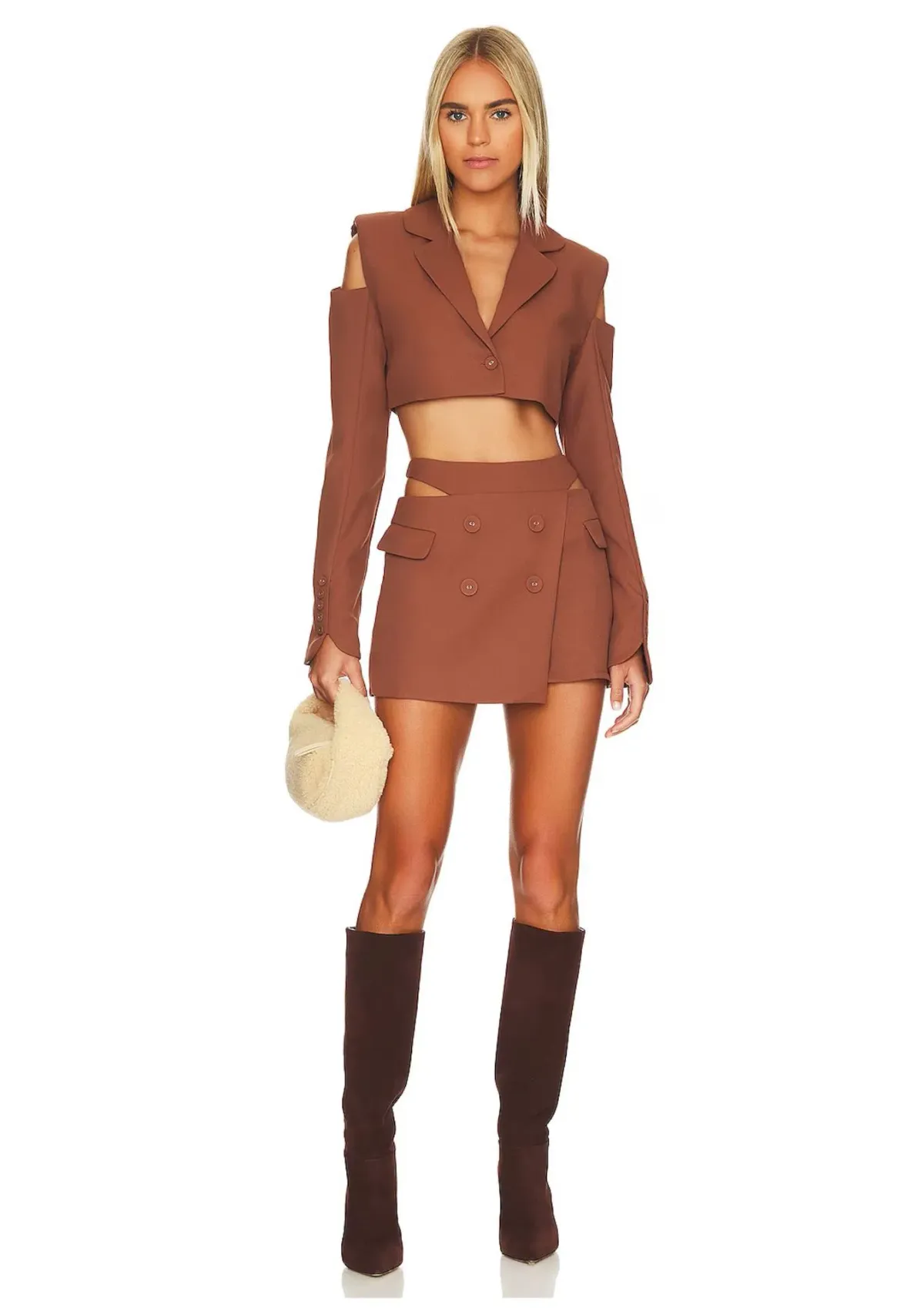 For Love & Lemons Alysa Crop Top and Mini Skirt Set Brown Size S / AU 8 for rent on The Volte - main image