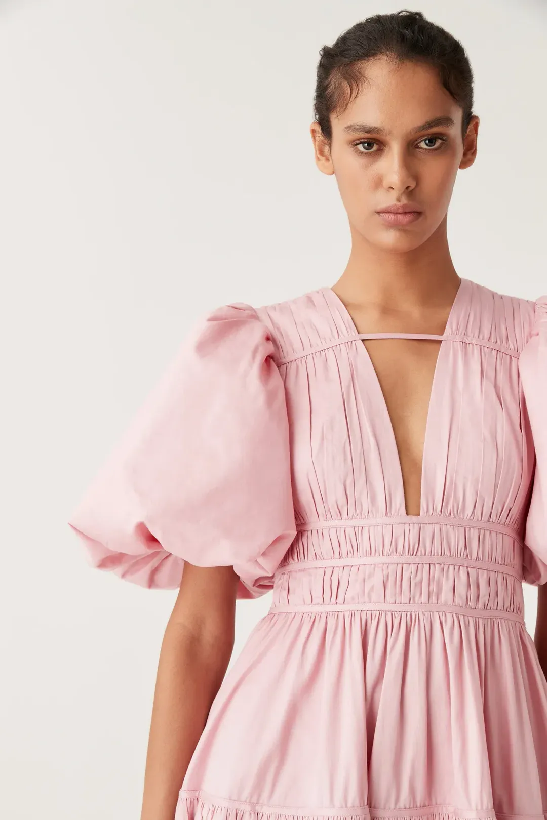 Aje Fallingwater Ruched Midi Dress in Chalk Pink Size AU 12 for rent on The Volte - main image