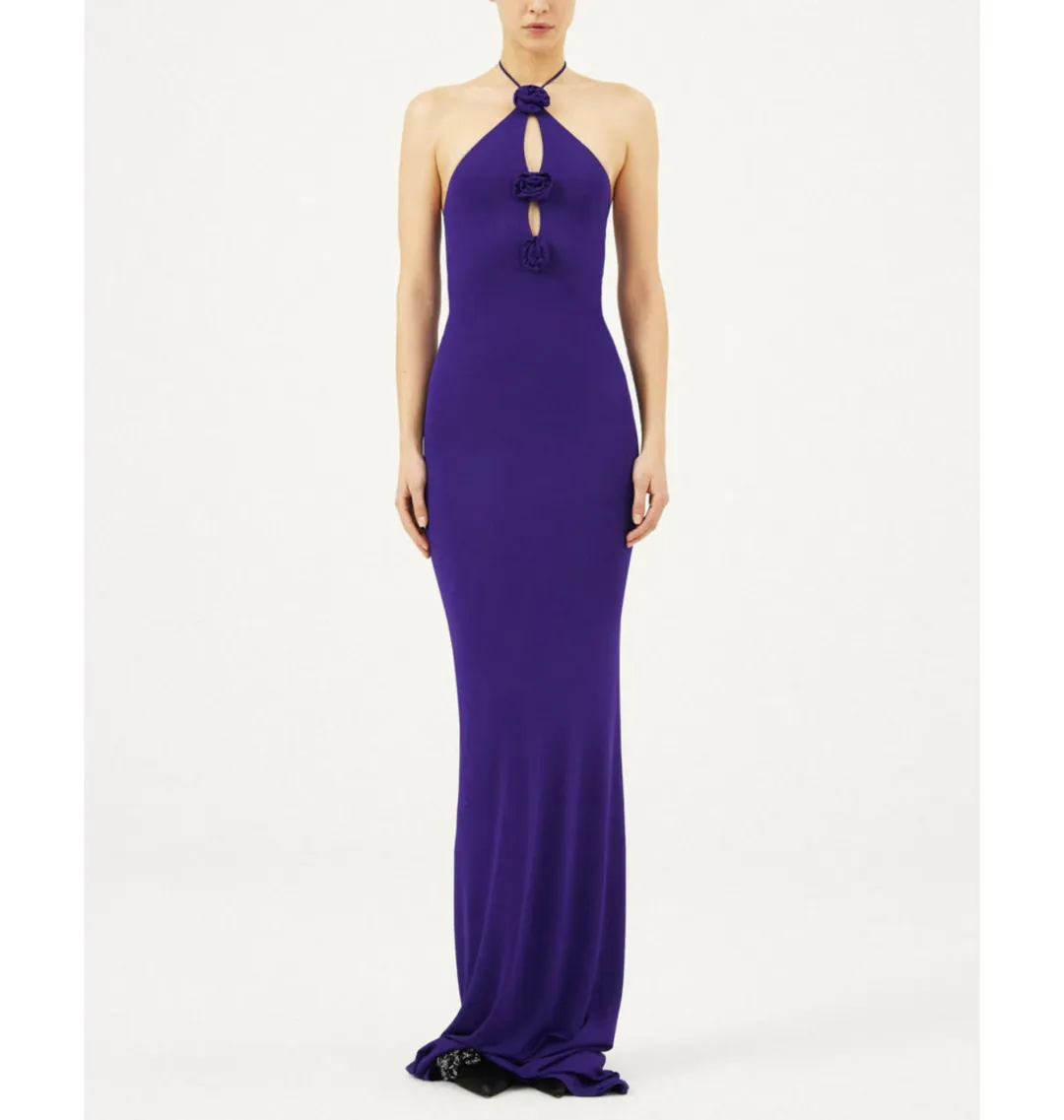Magda Butrym Rosette Halter Jersey Maxi Dress Violet Size 34 / AU 6 for rent on The Volte - main image