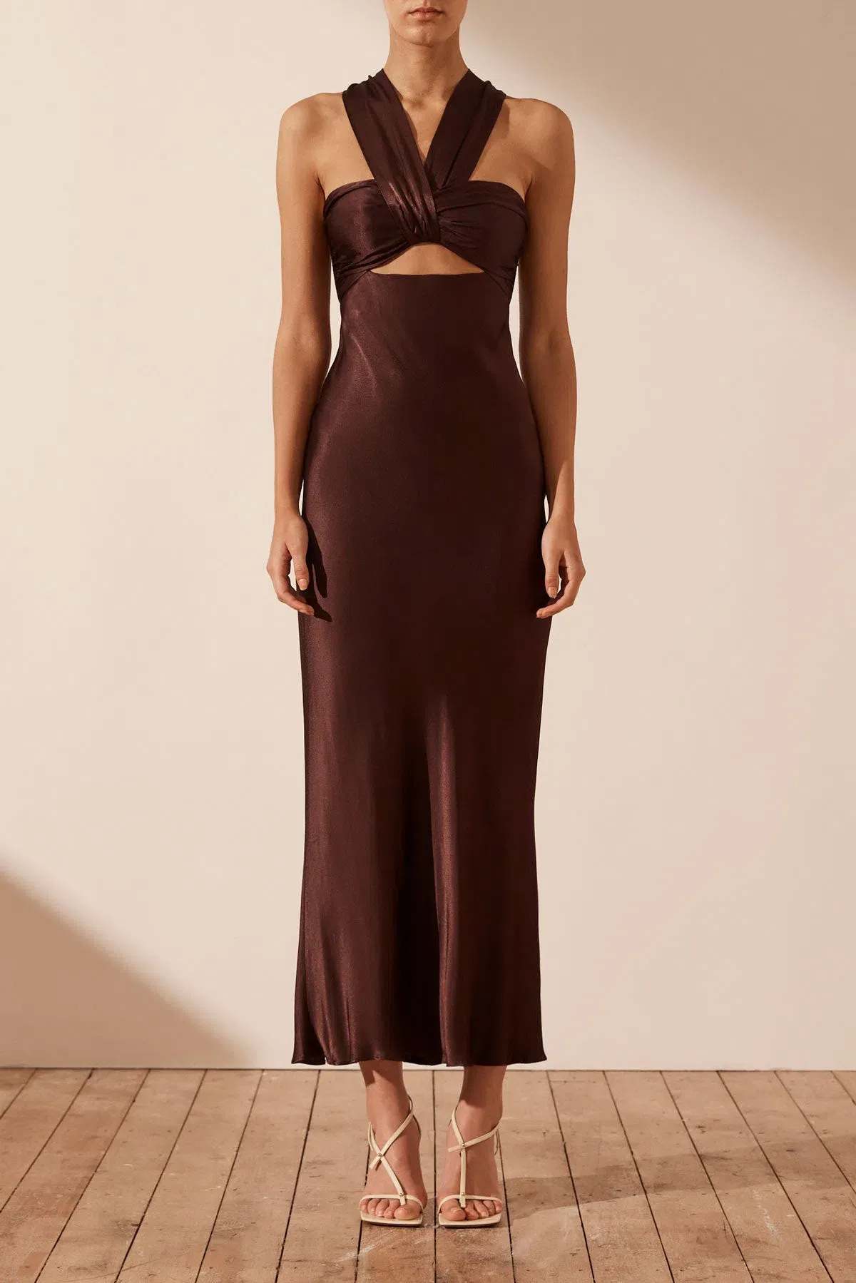 Shona Joy Lana Ruched Halter Midi Dress in Cocoa Size 14 for rent on The Volte - main image