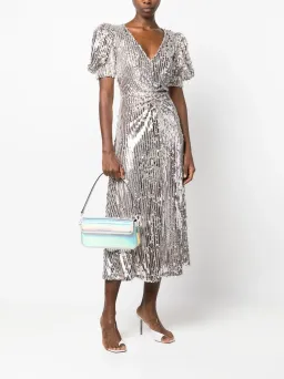 Rotate Puff Sleeve Sequin Midi Dress Silver Size 34/ AU 6 for rent on The Volte - image 1