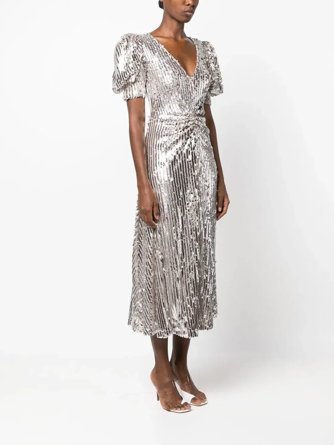 Rotate Puff Sleeve Sequin Midi Dress Silver Size 34/ AU 6 for rent on The Volte - main image