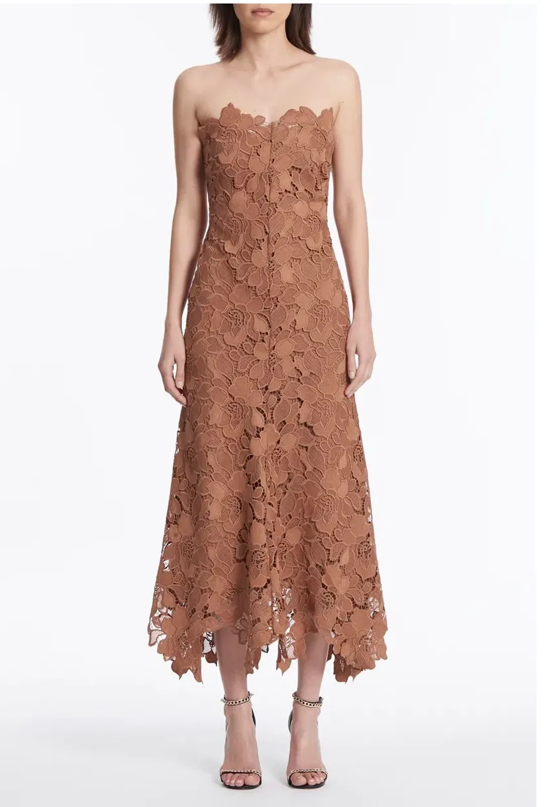 Carla Zampatti Rosewood Floral Lace Strapless Gown Brown Size 4 for rent on The Volte - main image