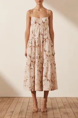 Shona Joy Roxane Linen Tiered Midi Dress Floral Size 6 for rent on The Volte - image 1