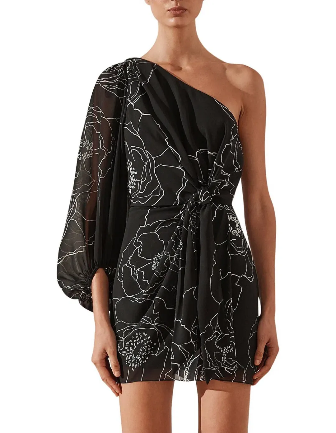 Shona Joy Nero Tie Front One Shoulder Mini Dress Black Size 10 for rent on The Volte - main image