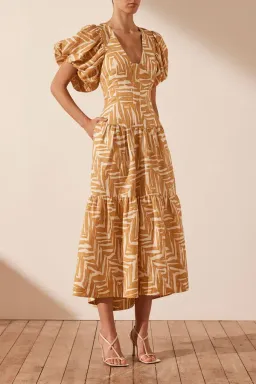 Shona Joy Imani Linen Plunged Short Sleeve Midi Dress Print Size 12 for rent on The Volte - image 2