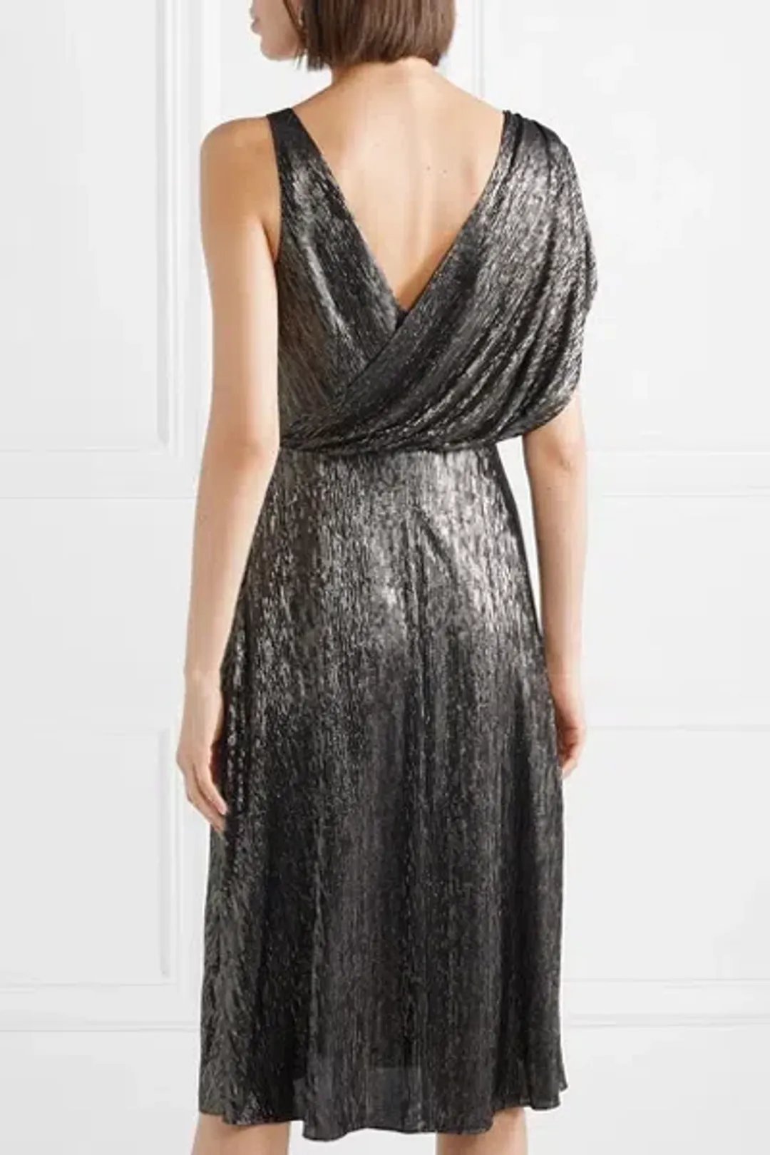 Alice & Olivia Roxy Drape Midi Dress Metallic Size 10 for rent on The Volte - main image