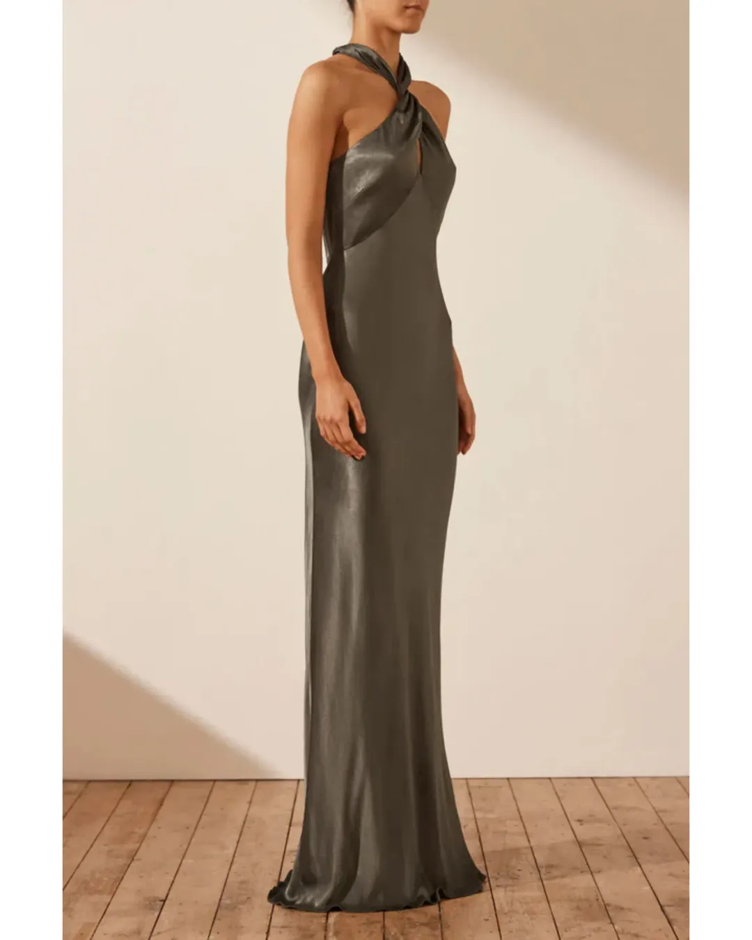 Shona Joy La Lune High Neck Twist Maxi Dress Olive Size AU 10 for rent on The Volte - main image