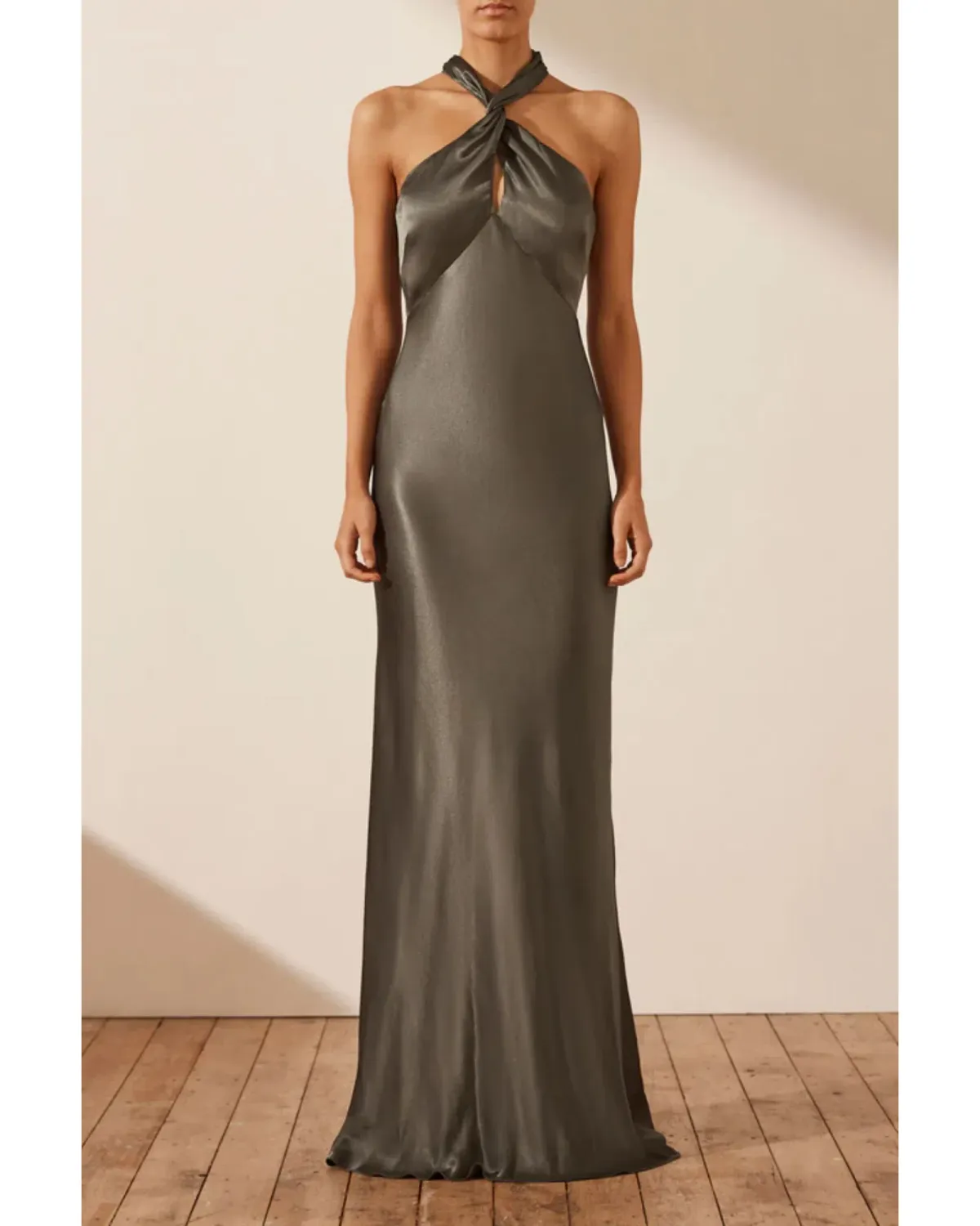 Shona Joy La Lune High Neck Twist Maxi Dress Olive Size AU 10 for rent on The Volte - main image