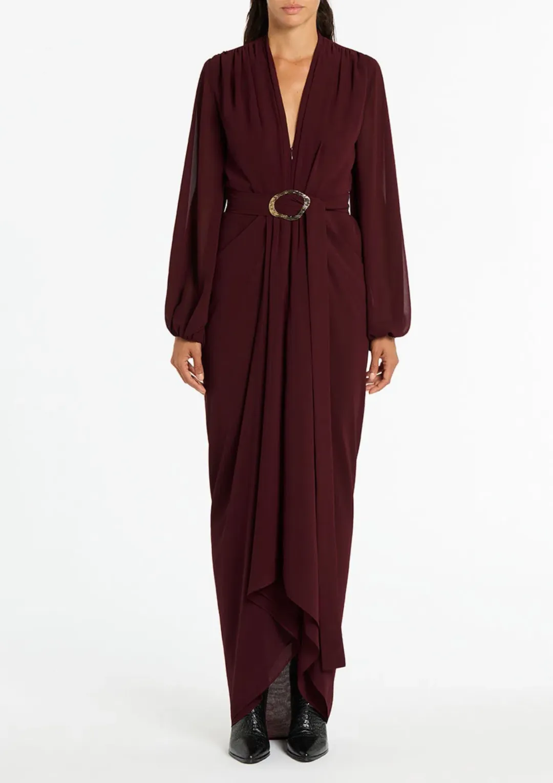 Carla Zampatti Georgette Waterfall Dress in Merlot Size 4  for rent on The Volte - main image