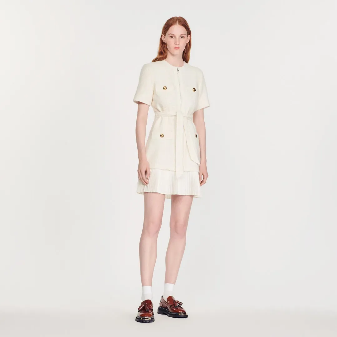 Sandro Tweed Pleated Trim Mini Dress in Ecru Size 34 FR / 6 AU for rent on The Volte - main image
