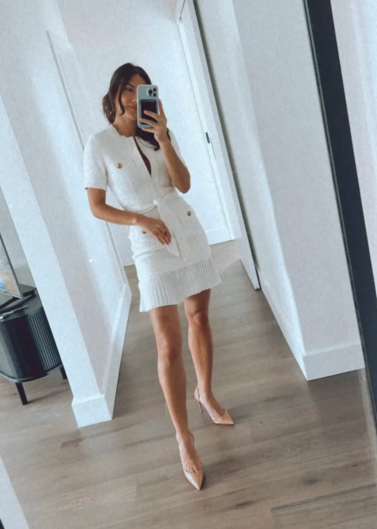 Sandro Tweed Pleated Trim Mini Dress in Ecru Size 34 FR / 6 AU for rent on The Volte - main image