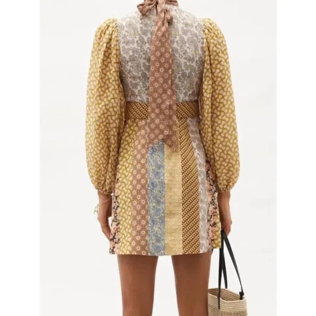 Zimmermann High Neck Patchwork Linen Mini Dress Brown Stripe Size 1 / AU 10 for rent on The Volte - main image